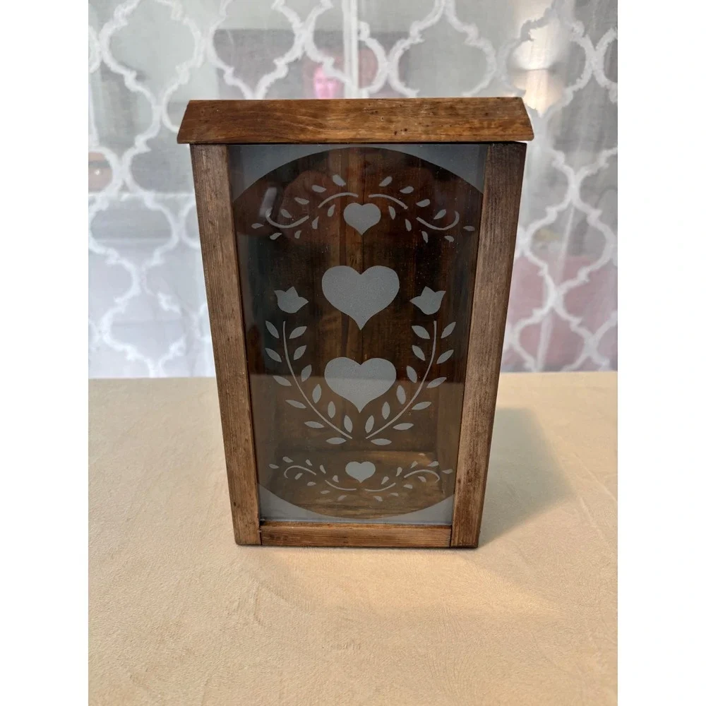 Rustic Wood Heart Etched Glass Lantern Wall Hanging Candle Holder Farmhouse